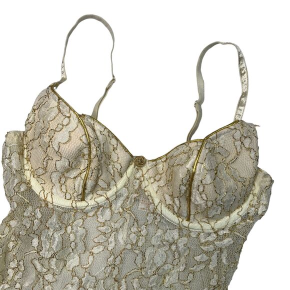Victorias Secret VTG Bodysuit Teddy Lingerie Sheer Underwire Gold White 36 Small - Picture 3 of 8